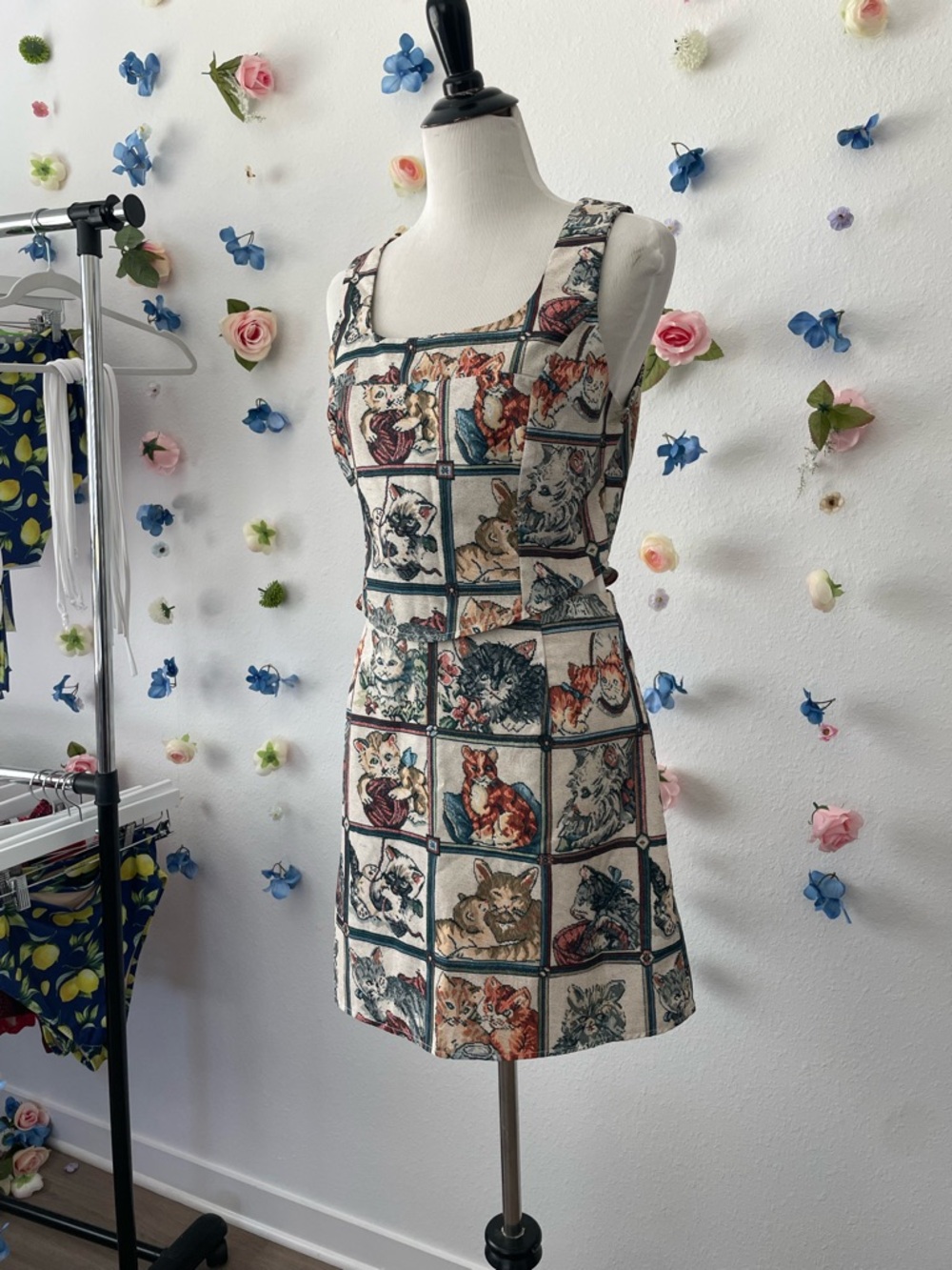 Cat Print Square Neck A-Line Dress in Cream and Multi - Picture 7 of 15
